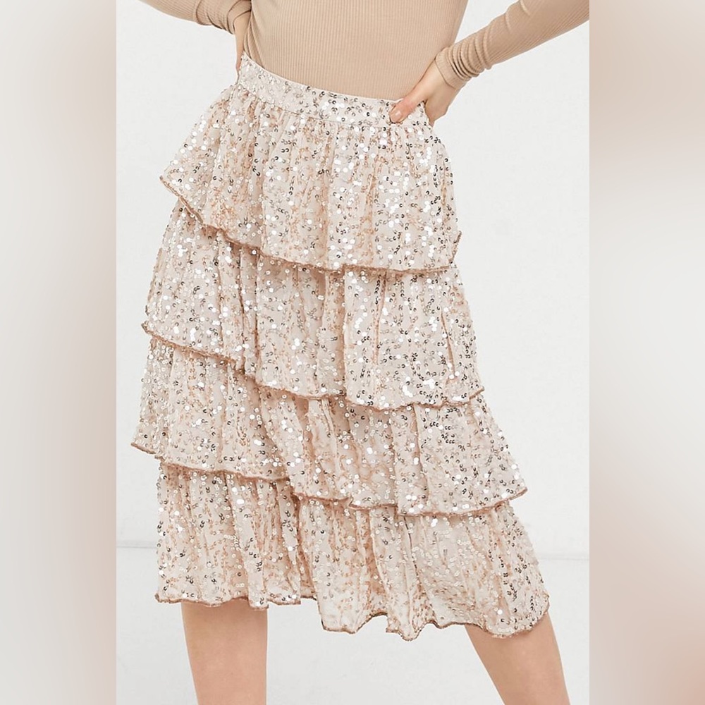 Miss Selfridge blush tiered sequin midi skirt